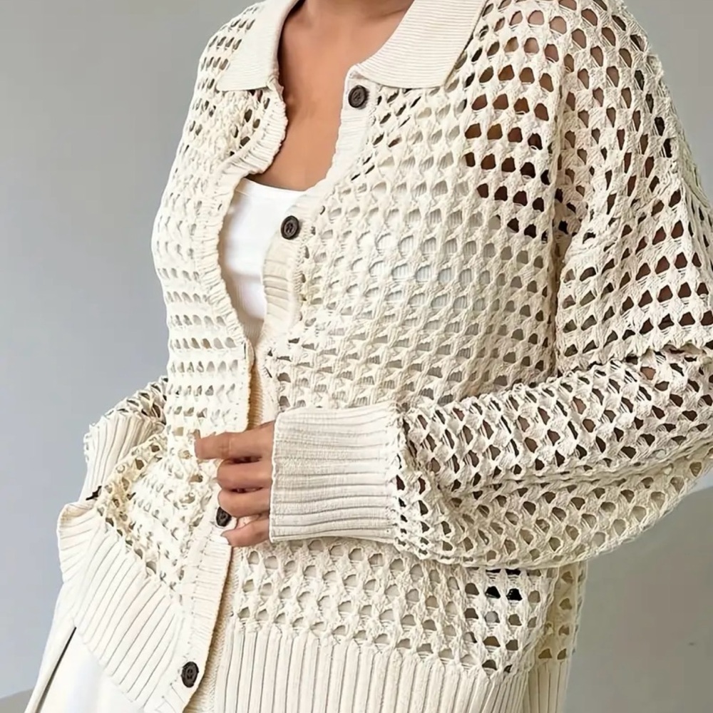 SALE, TODAY ONLT! PRICE FIRM! Cream Crochet Cardigan Button Front Knit Sweater - Picture 3 of 5